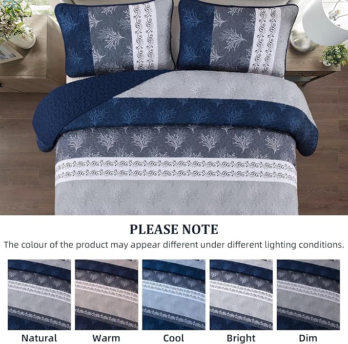 DJY Stripe Quilt Set Queen Size Navy Blue Bedspread Coverlet Set 3 Pieces Boho - Image 4