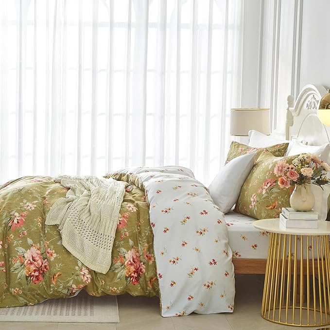 mixinni Duvet Cover King Size, Long Staple Cotton Reversible Green Floral Duvet - Image 3
