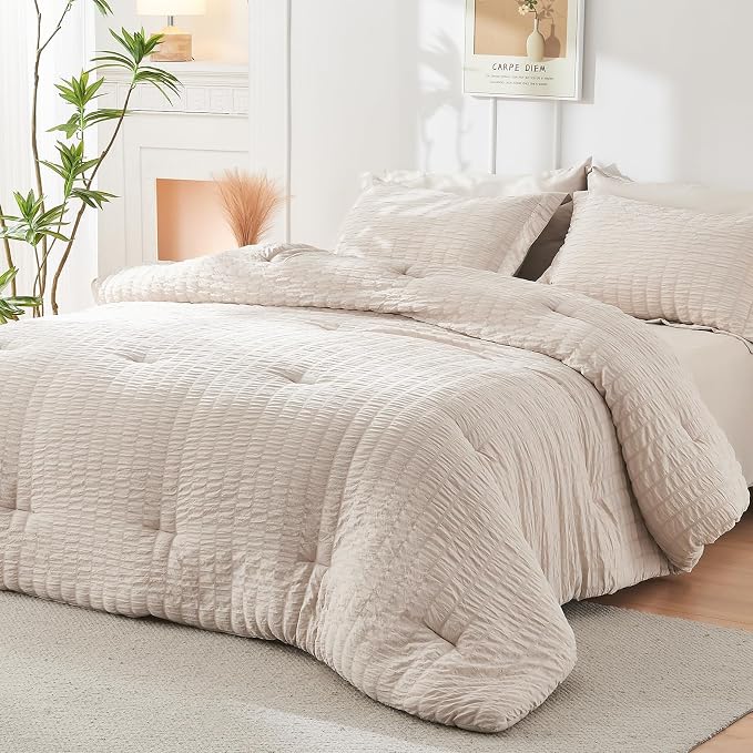 HYMOKEGE Beige King Size Comforter Set Seersucker 7 Pieces, All Season Luxury - Image 8