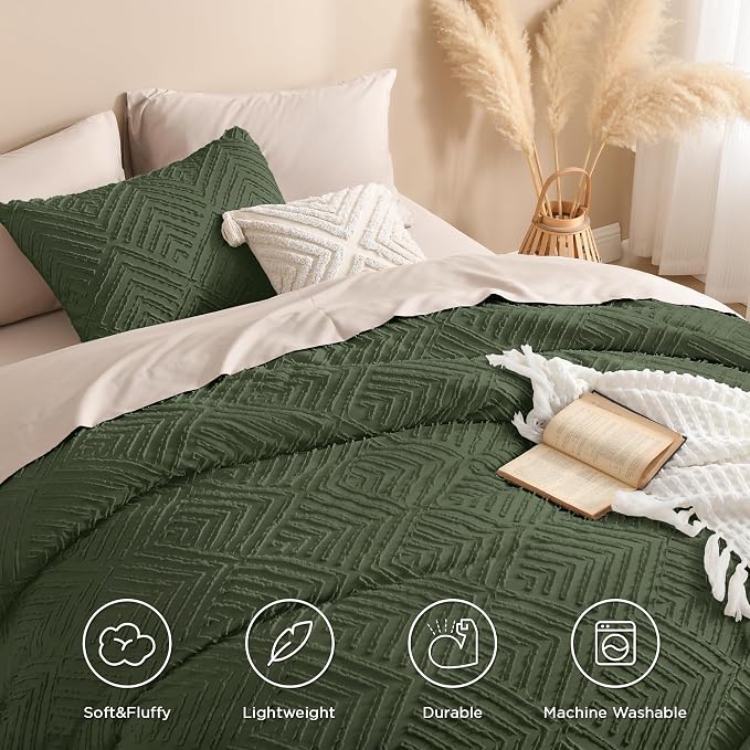 Andency Dark Olive Green Comforter Set Queen Size, Lightweight Fluffy Boho Men - Image 4