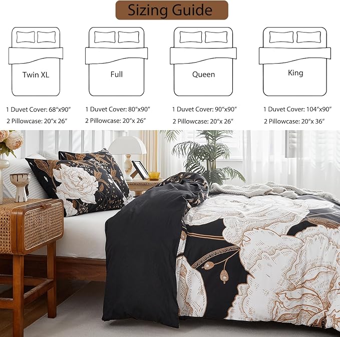 mixinni Floral Duvet Cover Queen Size, 3 Pieces White Flowers and Gold Leaves - Image 4