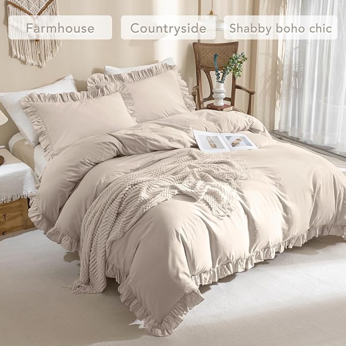 QSH Beige Khaki Ruffle Duvet Cover Queen Size Washed Cotton - Image 4