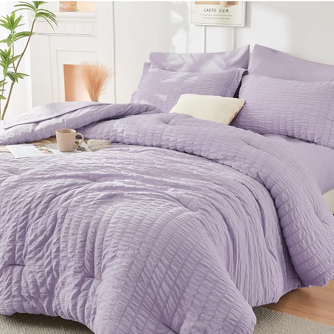HYMOKEGE Lavender Twin Comforter Set Seersucker 5 Pieces, All Season Luxury Bed by HYMOKEGE