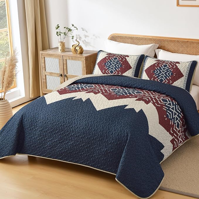 Dintszyayue Blue and Red Quilt Set King Size Boho, 3 Piece Aztec Texture - Image 5