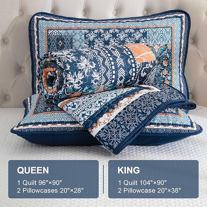 WONGS BEDDING Navy Blue Quilt Set Queen Size, Bohemian Patchwork Bedspread - Image 6