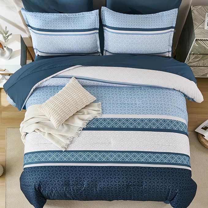 WONGS BEDDING Navy Blue King Comforter Set 7 Pieces, Boho Striped Bed in a Bag - Image 3