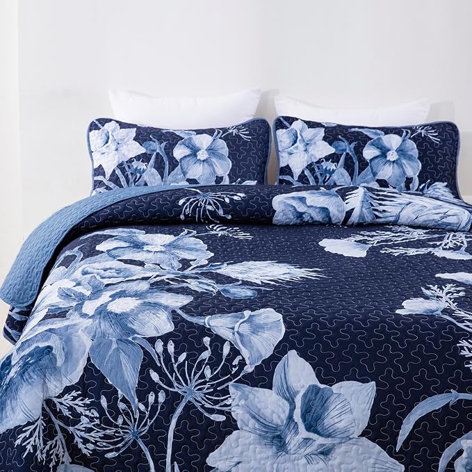 Floral Quilt Set King 3 Pieces Navy Blue Floral Quilt Coverlet Set Soft - Image 4