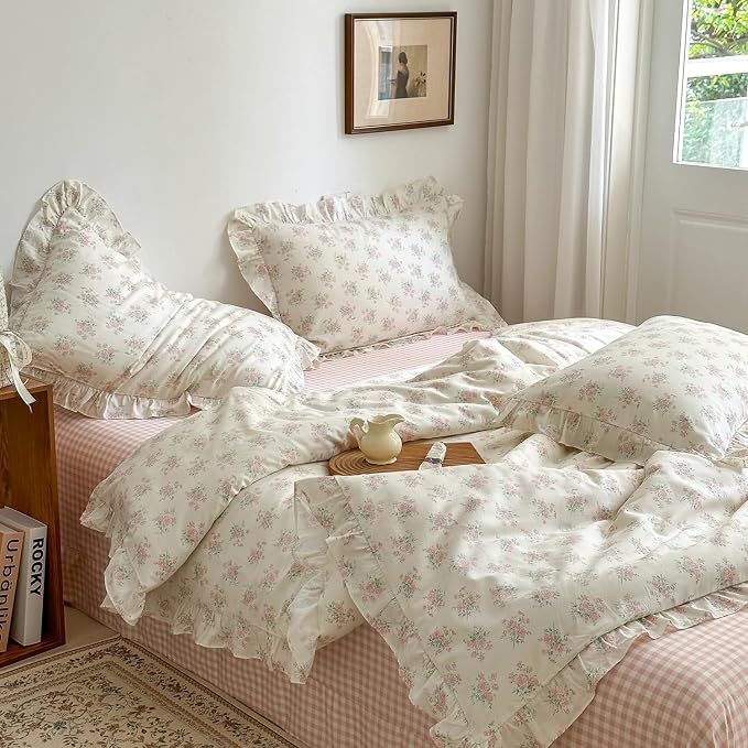 MKXI Floral Duvet Cover Set for Girls 100% Cotton Ruffled Bedding by MKXI