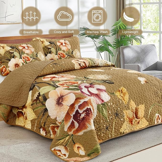 Drucon Brown Floral Quilt Set Queen Size 3 Pieces Brown Botanical Flower Quilt - Image 2