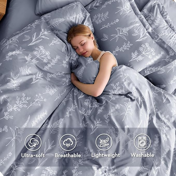 MUXHOMO Duvet Cover Full Size, Reversible Floral Grey Duvet Cover Set - Image 2