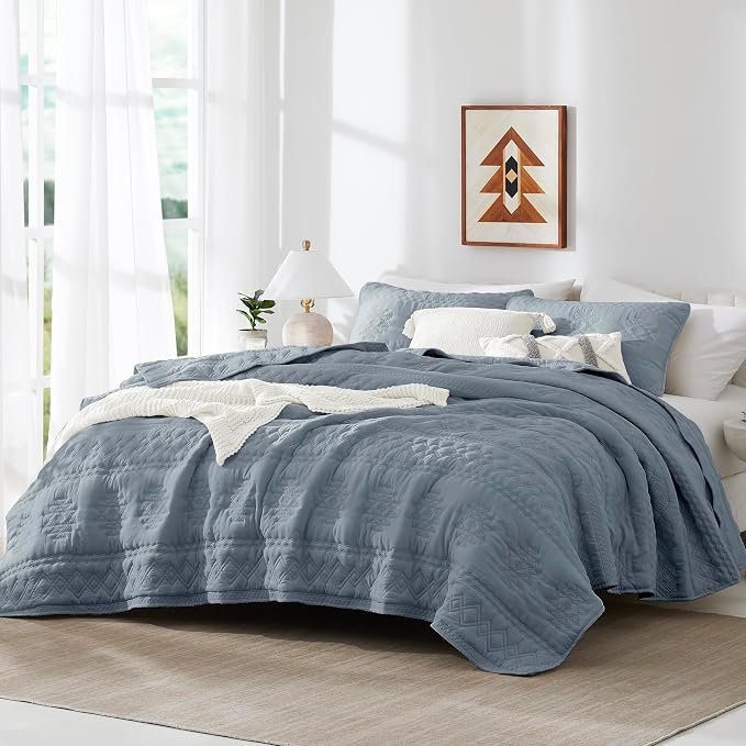 WDCOZY Boho Blue Grey Quilt King Size Bedding Sets - Image 2