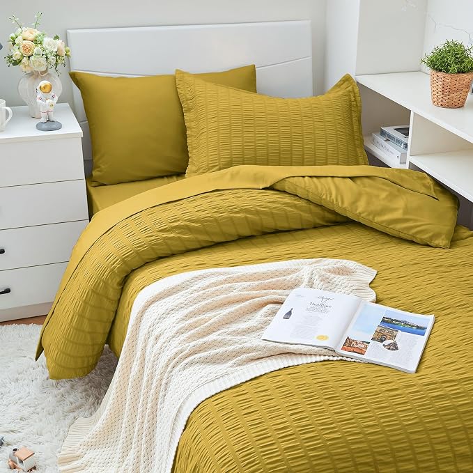 HYMOKEGE Mustard Yellow Twin XL Comforter Set Seersucker 5 Pieces, All Season - Image 2