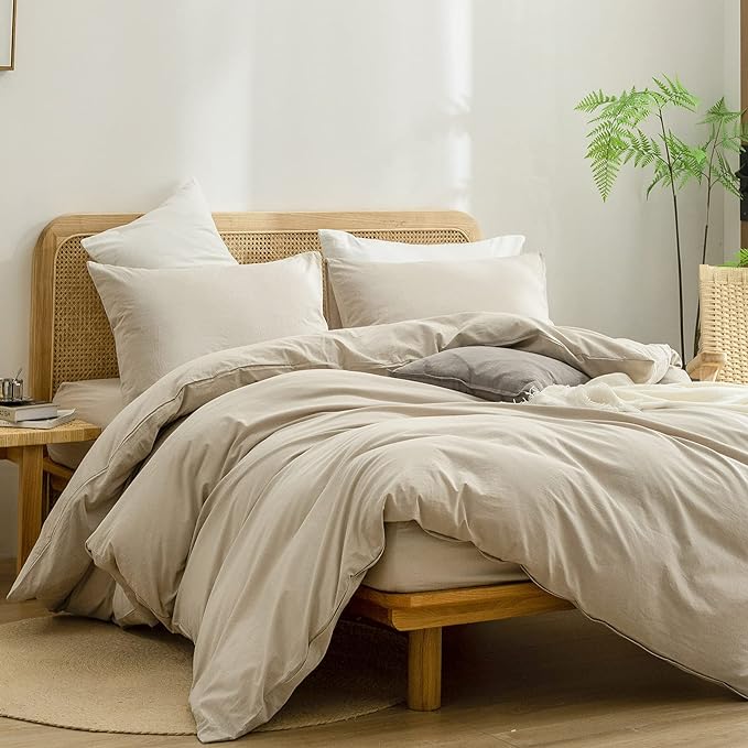 BESTOUCH Duvet Cover Set 100% Washed Cotton Linen Feel Super Soft Comfortable - Image 4