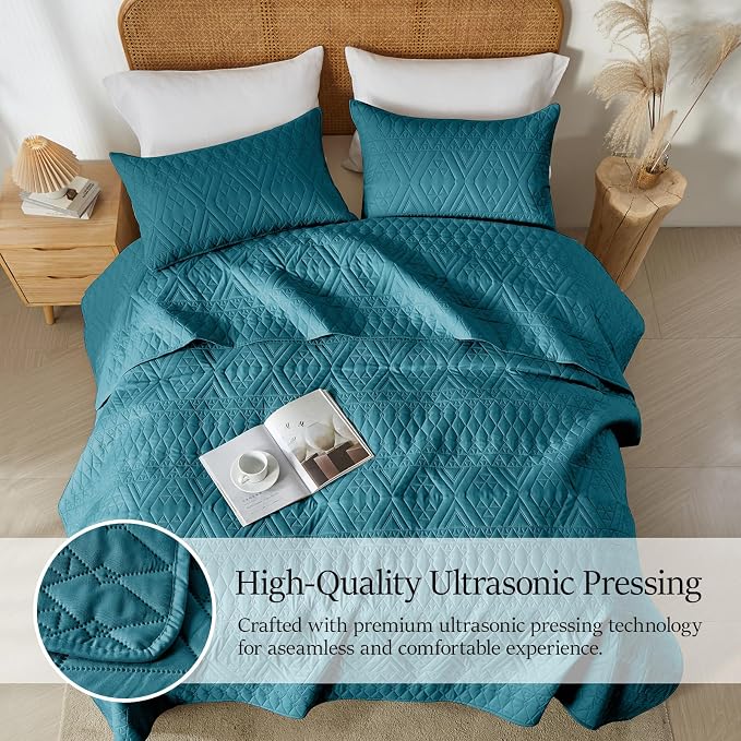 akkialla Full/Queen Quilt Set, Teal Lightweight Microfiber Bedspread Coverlet - Image 3