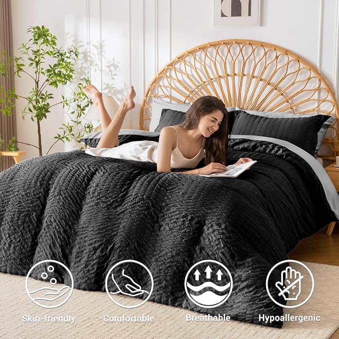 HYMOKEGE Black/Light Grey Duvet Cover King Size, Ultra Soft 3-Piece Seersucker - Image 2