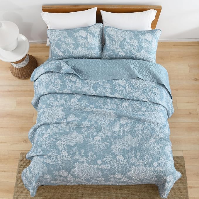 WONGS BEDDING Botanical Quilt Set Queen Size, Aqua 3 Pieces Toile Floral Plants - Image 5