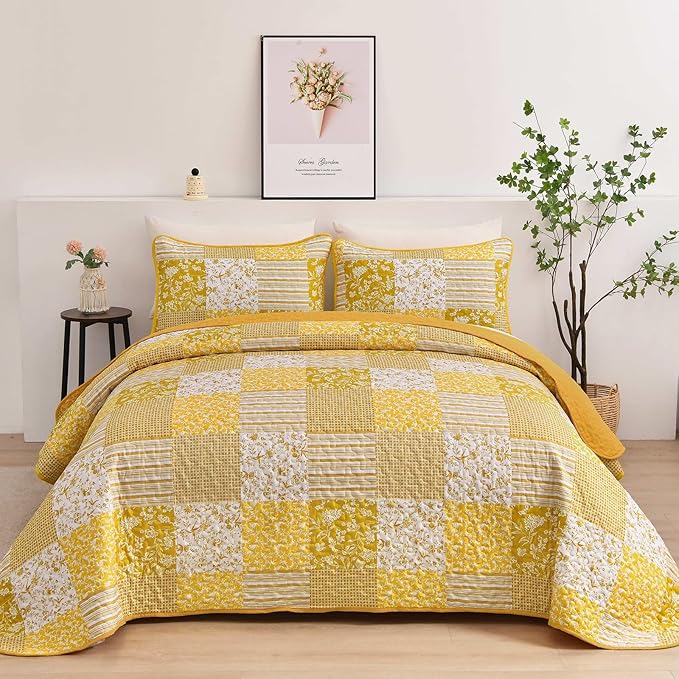 Mybedsoul Yellow Boho Quilt Set King Size, 3 Pieces Plaid Floral Bedspread by Mybedsoul