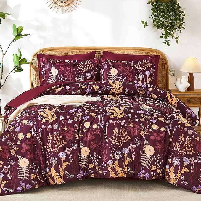 Yiran King Size Comforter Set 7 Piece, Burgundy Floral Bedding Set, Lightweight - Image 7