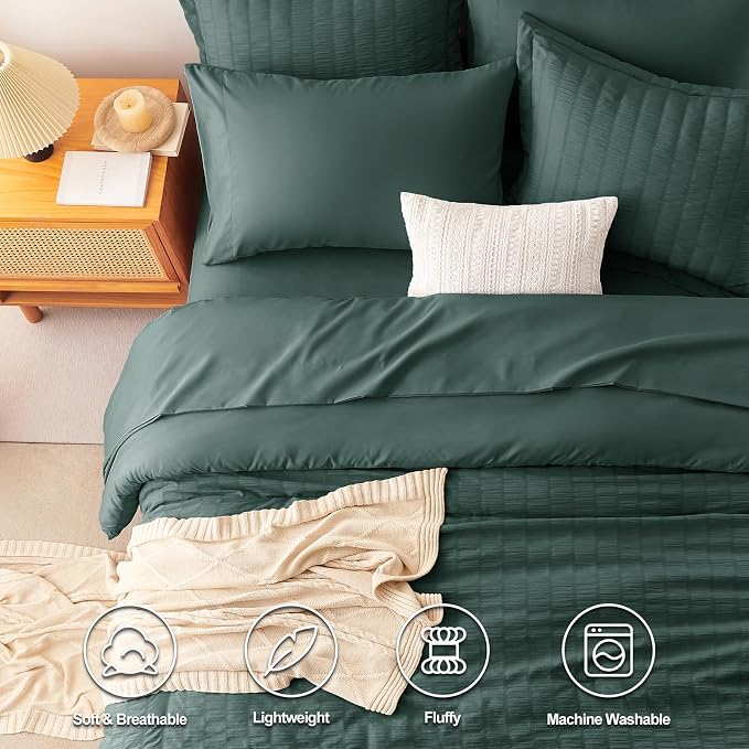 CozyLux Oversized Queen Comforter Set Forest Green Seersucker 7 Pieces 98x98 - Image 2