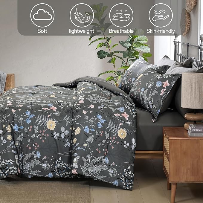 Yiran 7 Piece Grey Floral Comforter Set Queen Size, Botanical Flowers Bed in a - Image 6
