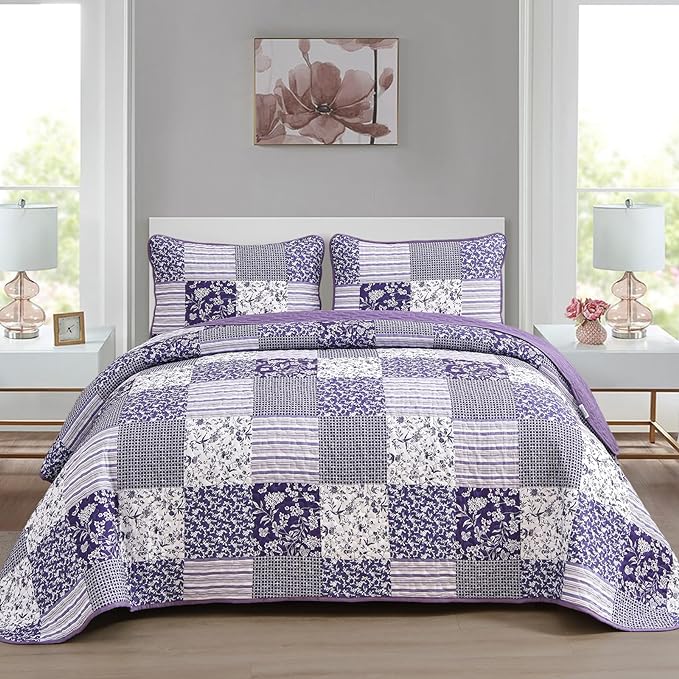 Mybedsoul Purple Quilt Set Queen Size, 3 Pieces Boho Floral Plaid Bedspread by Mybedsoul