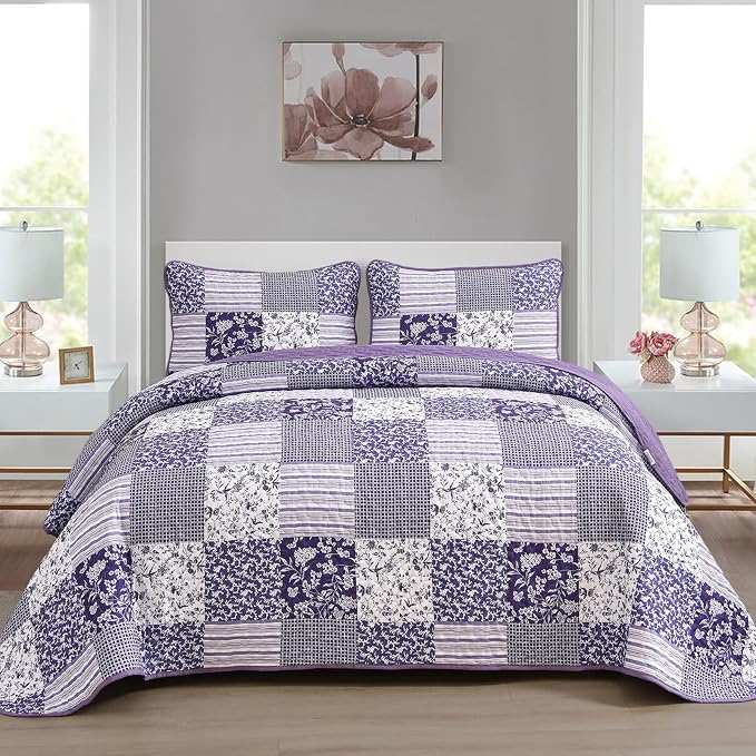 Mybedsoul Purple Quilt Set California King Size, 3 Pieces Boho Plaid Floral by Mybedsoul