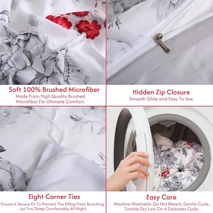 LONAVA Queen Flower 3 Pcs Duvet Cover Set, Breathable Soft Microfiber White - Image 7