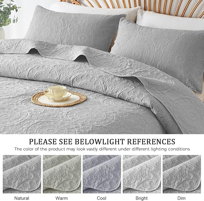 WURUIBO Light Gray Quilt Set Queen Size, Embossing Microfiber Full Bedspreads - Image 5