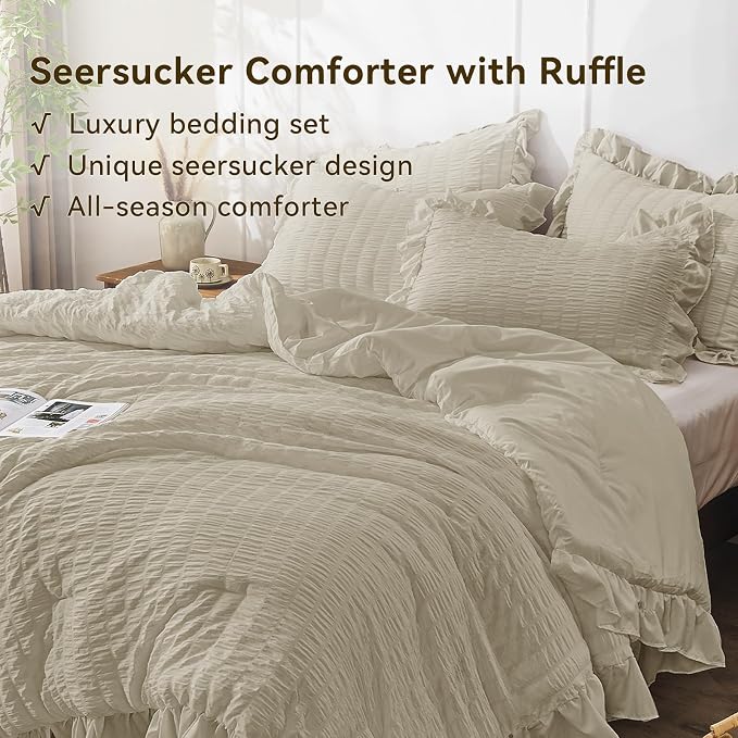JOLLYVOGUE King Size Comforter Set, 3 Pieces Linen Seersucker Comforters King - Image 3