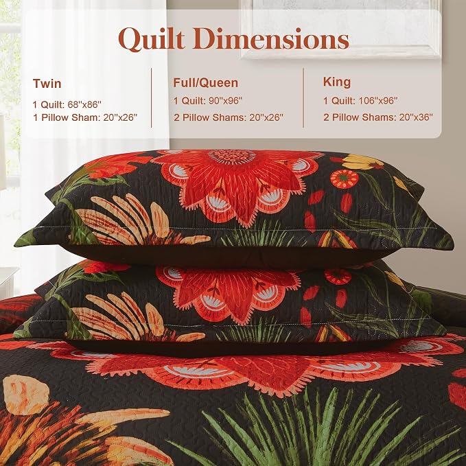 Tyrot 3 Piece Black Red Boho Floral Quilt Sets King Size Farmhouse Reversible - Image 6