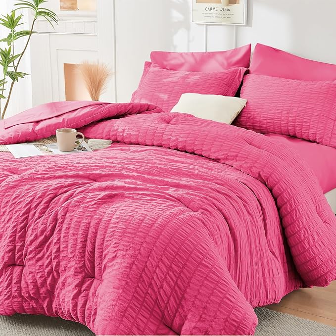 HYMOKEGE Hot Pink Queen Comforter Set Seersucker 7 Pieces, All Season Luxury by HYMOKEGE