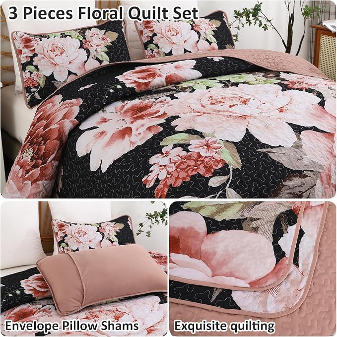 WONGS BEDDING Black Quilt Set Queen, 3 Pieces Pink Floral Bedspreads - Image 5