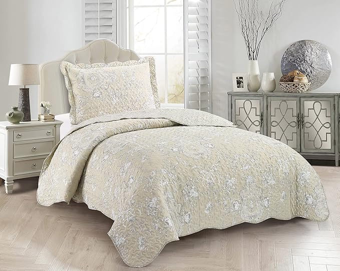 Brilliant Sunshine Classic Grey Floral Toile in Beige Background, 2-Piece Quilt by BrilliantSunshine