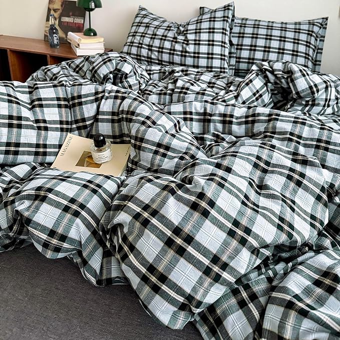 mixinni Vintage Grey & Pale Blue Buffalo Plaid Duvet Cover Set Queen Size - Image 7