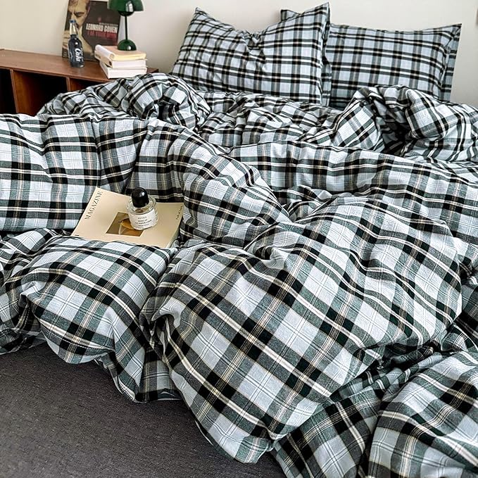 mixinni Vintage Grey & Pale Blue Buffalo Plaid Duvet Cover Set Twin XL Size - Image 7