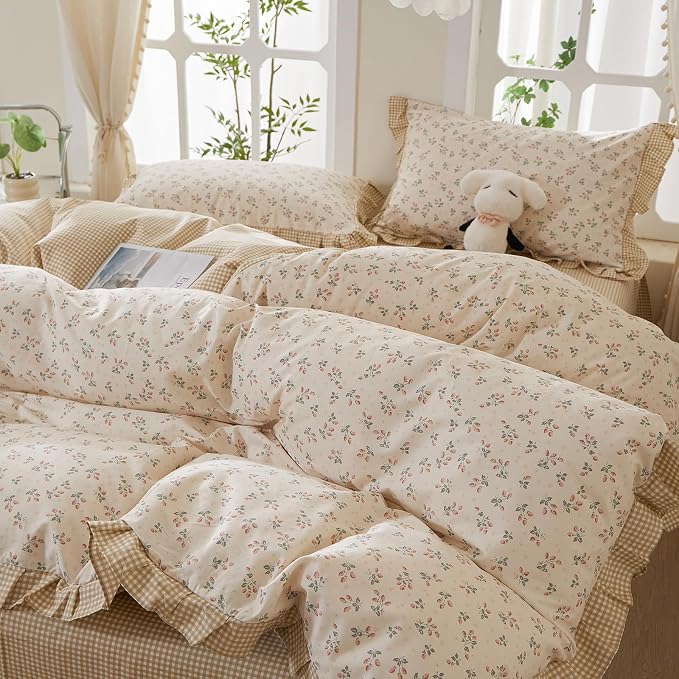 mixinni Beige Floral Duvet Cover Queen Size, 100% Cotton Cute Strawberry Floral - Image 2