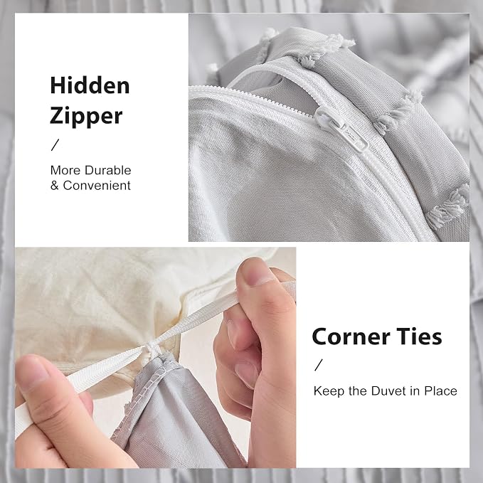 WARMDERN Light Grey Striped Duvet Cover Set, Boho Textured Tufted Bedding - Image 5