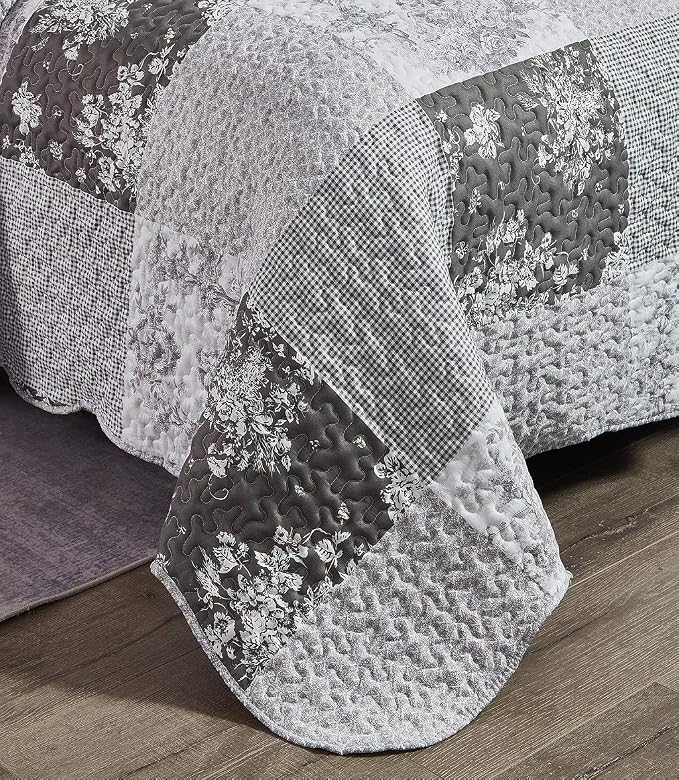 Brilliant Sunshine Grey Toile Floral Patchwork, 3-Piece Quilt Set - Image 5