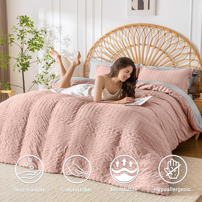 HYMOKEGE Rose Gold/Light Grey Duvet Cover King Size, Ultra Soft 3-Piece - Image 2