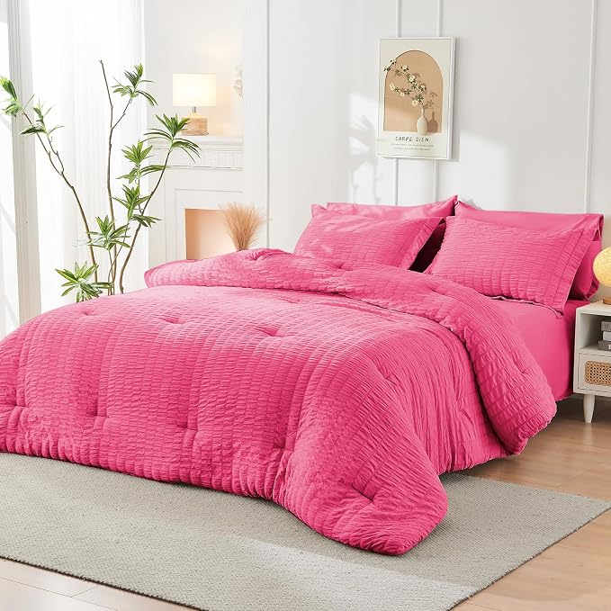 HYMOKEGE Hot Pink Queen Comforter Set Seersucker 7 Pieces, All Season Luxury - Image 8