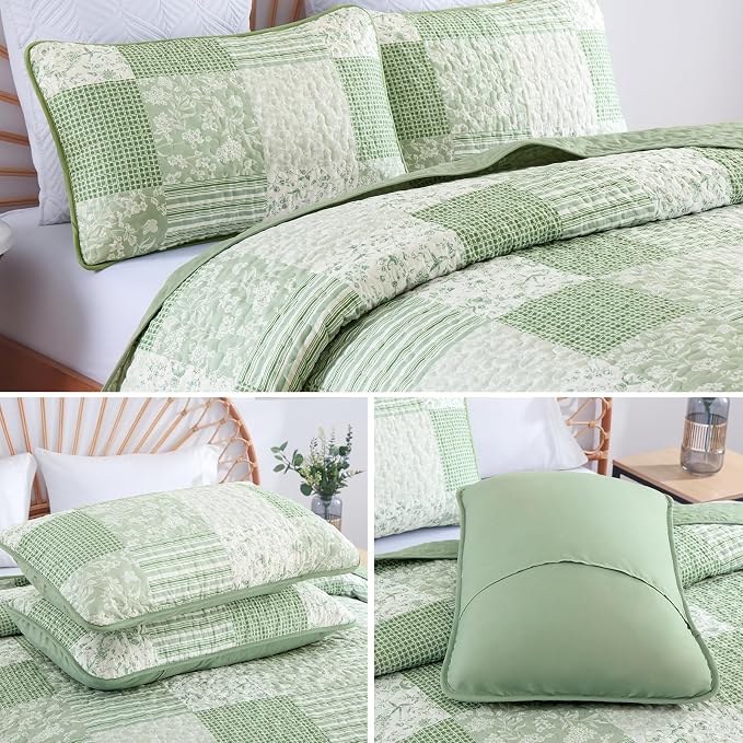 Mybedsoul Light Green Quilt Set King Size, 3 Pieces Plaid Floral Bedspread Set - Image 6
