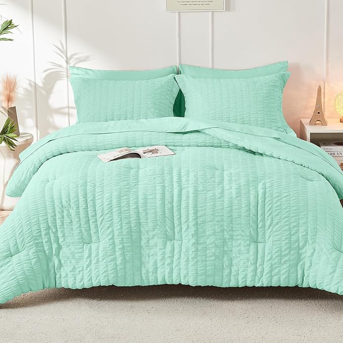 HYMOKEGE Mint Green California King Comforter Set Seersucker 7 Pieces, All - Image 9