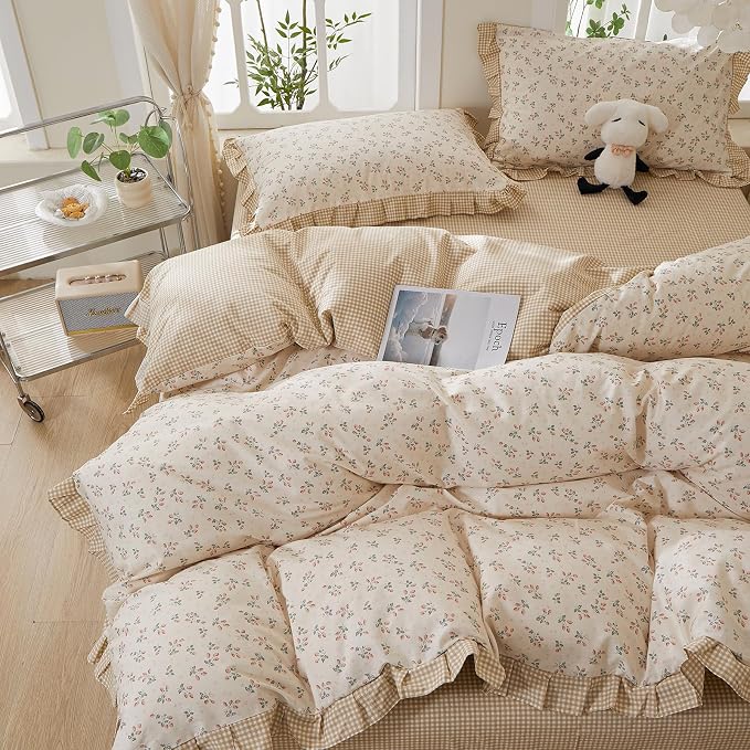 mixinni Beige Floral Duvet Cover Queen Size, 100% Cotton Cute Strawberry Floral - Image 5