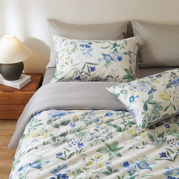 mixinni Reversible Floral Duvet Cover Set King Size, 3 Piece Blue Green - Image 7