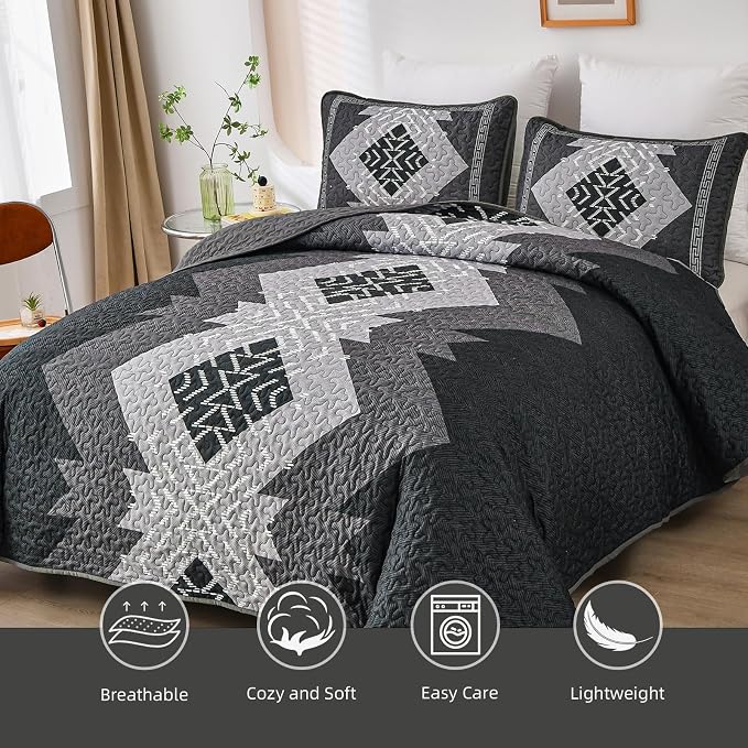 Dintszyayue Boho Quilt Set King Size 3 Pieces Black Grey Aztec Texture - Image 3