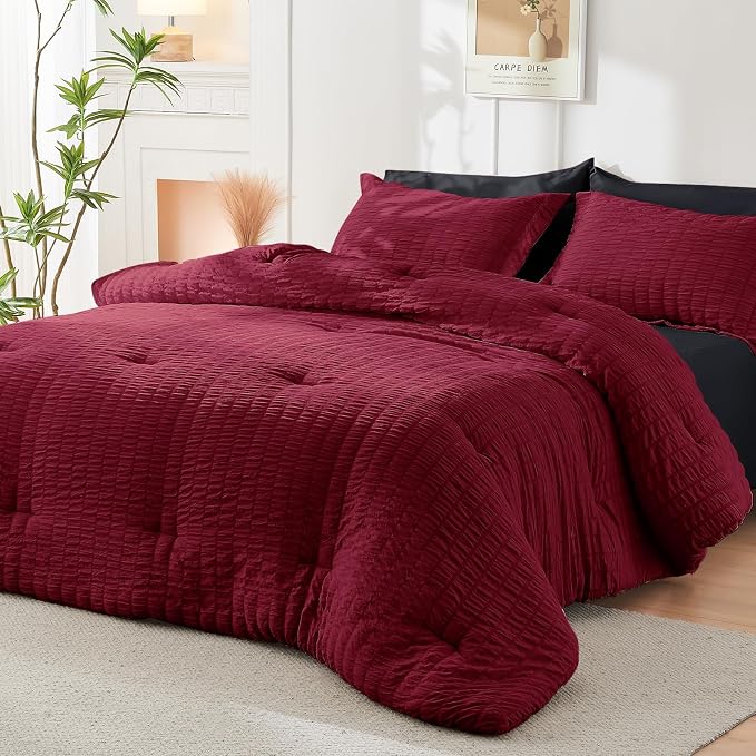 HYMOKEGE Red & Black Full Size Comforter Sets Seersucker 7 Pieces, All Season - Image 7