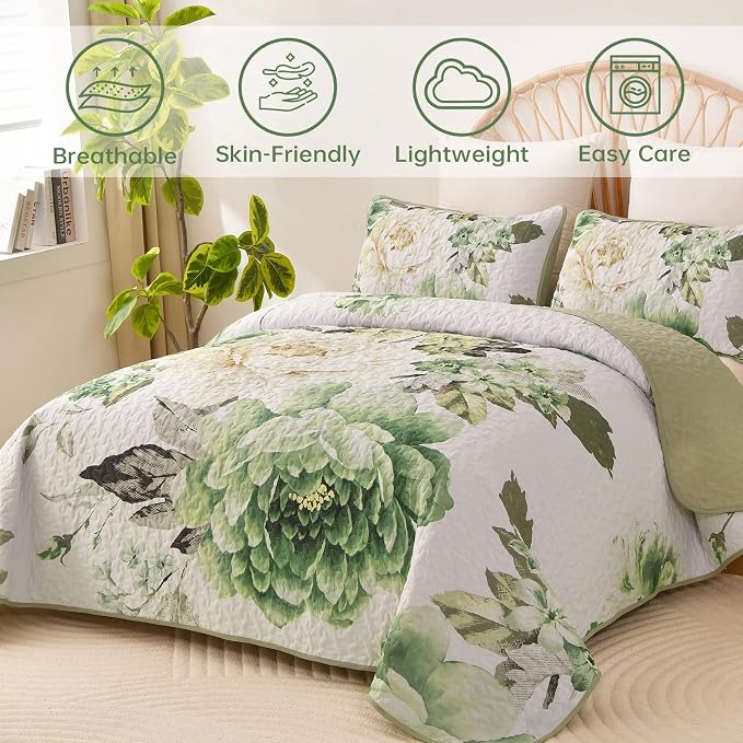 WONGS BEDDING Green Floral Quilt Set King, 3 Pieces Reversible Lightweight - Image 2