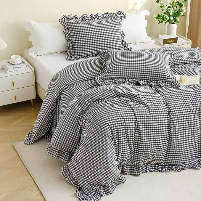 Silnuo Black/White Checkered Ruffle 3-Piece Duvet Cover Set Twin Size, Washed - Image 2
