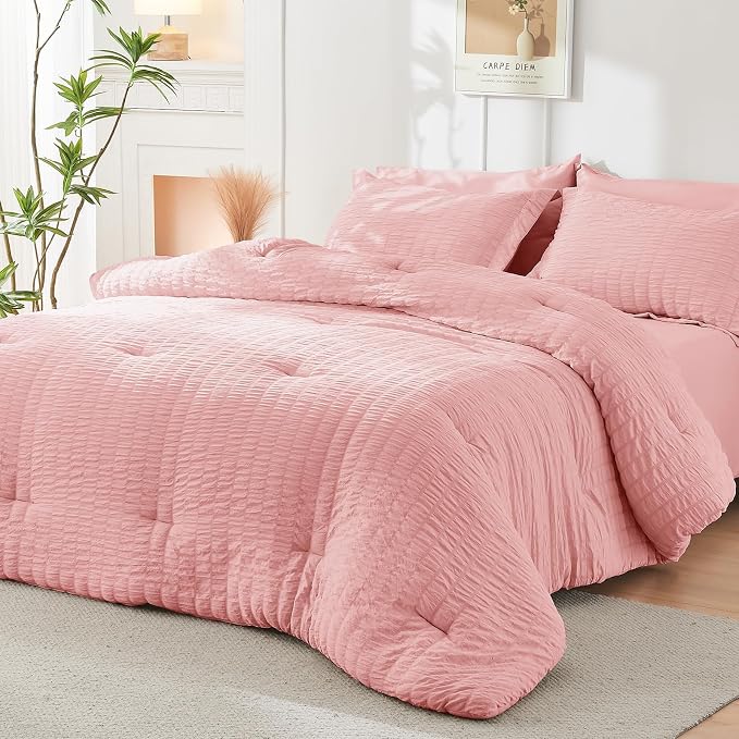 HYMOKEGE Rose Pink California King Comforter Set Seersucker 7 Pieces, All - Image 7
