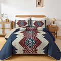 Dintszyayue Blue and Red Quilt Set King Size Boho, 3 Piece Aztec Texture by Dintszyayue